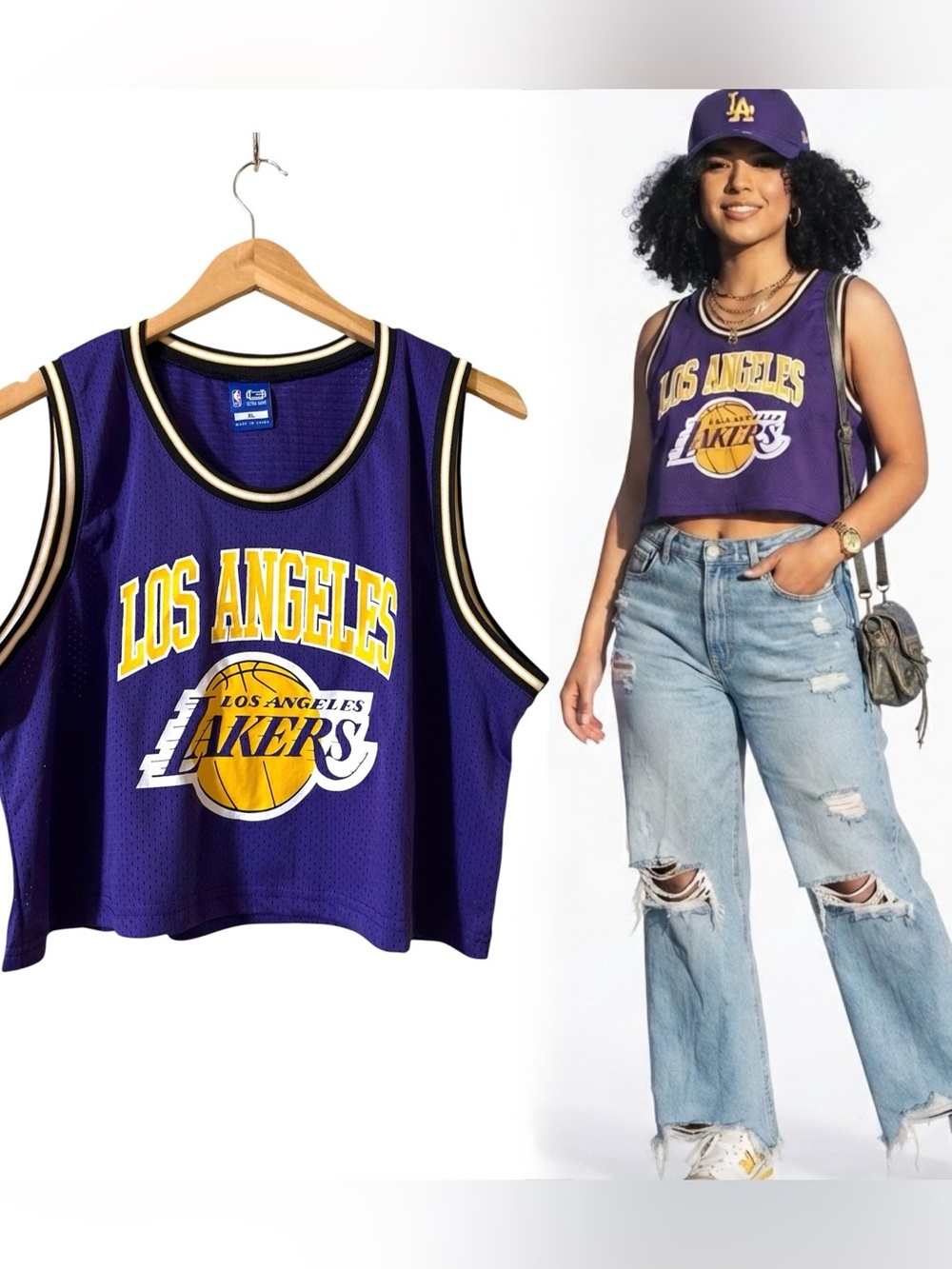 NBA Ultra Game Cropped Los Angeles Lakers Jersey Purple Yellow Sleeveless EUC XL